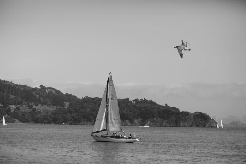 an airplane is flying over a sailing boat