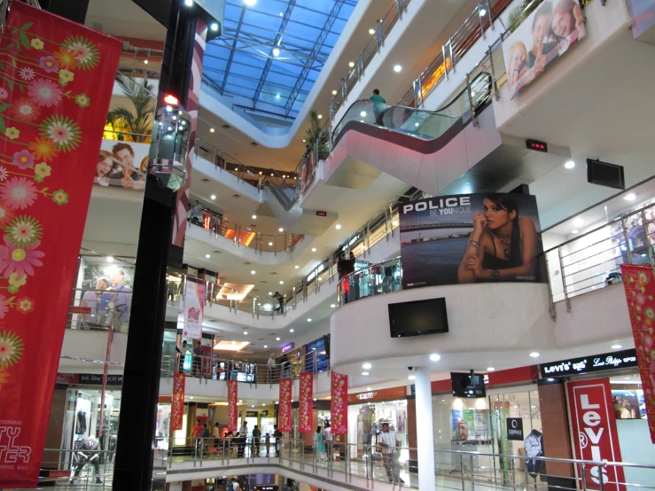 the inside of a building with a big sign