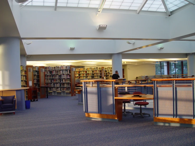 two men are at a desk in an open area near books