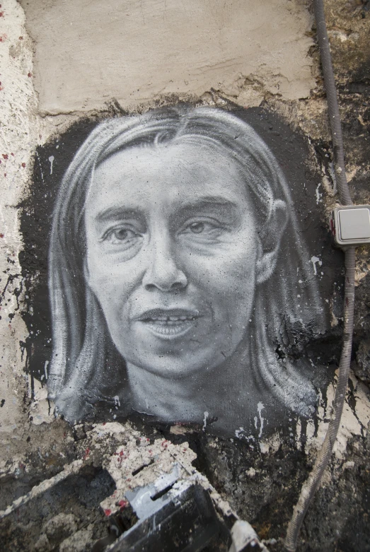 a close up view of the face of a woman painted on a wall