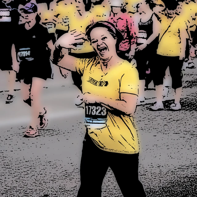 the marathon is full of runners, including an older lady laughing