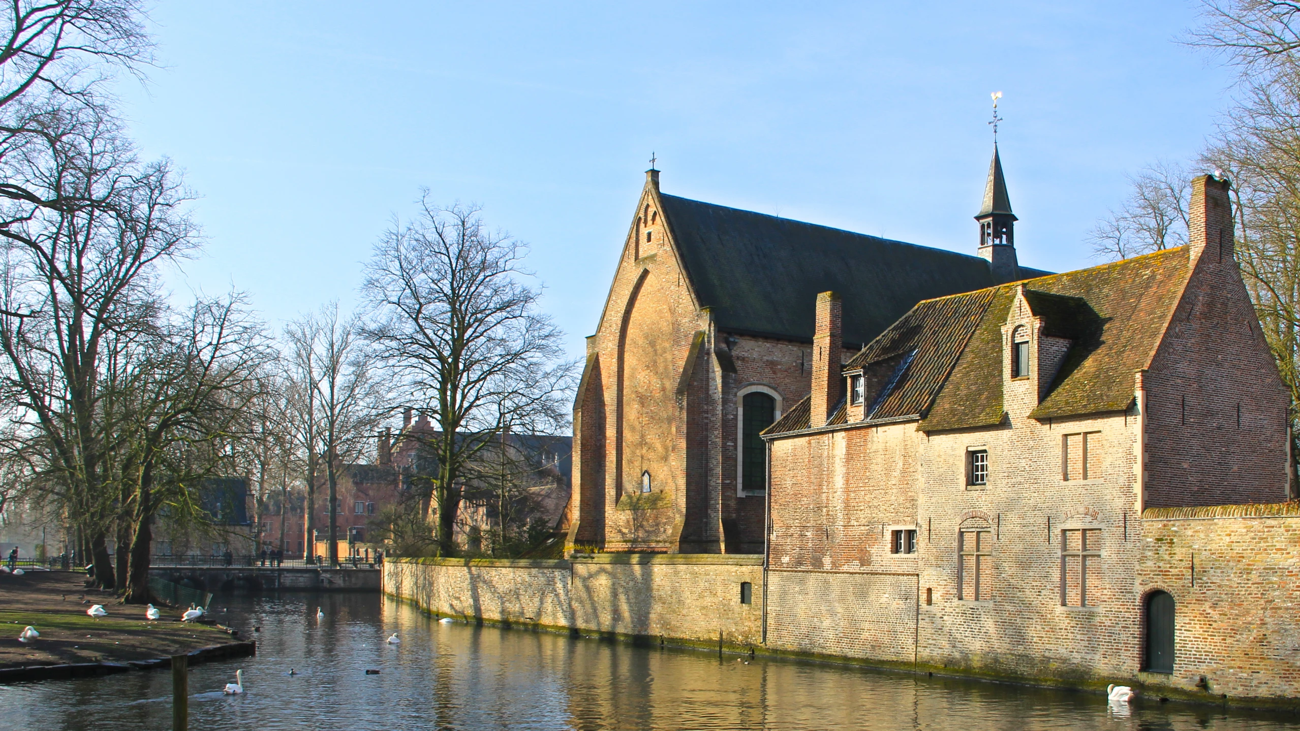 the large building is by the river with ducks in front