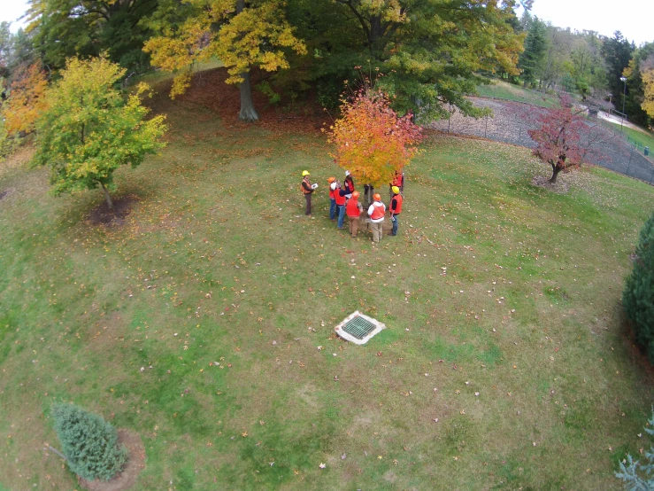 two people are standing in the grass near a fire hydrant