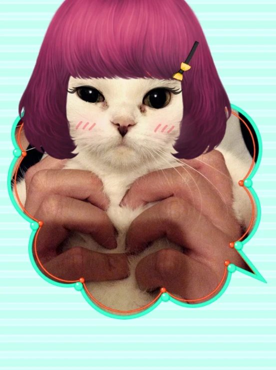 digital painting of a cat with a pink wig