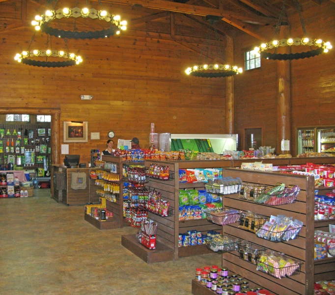 the interior of a food store filled with items