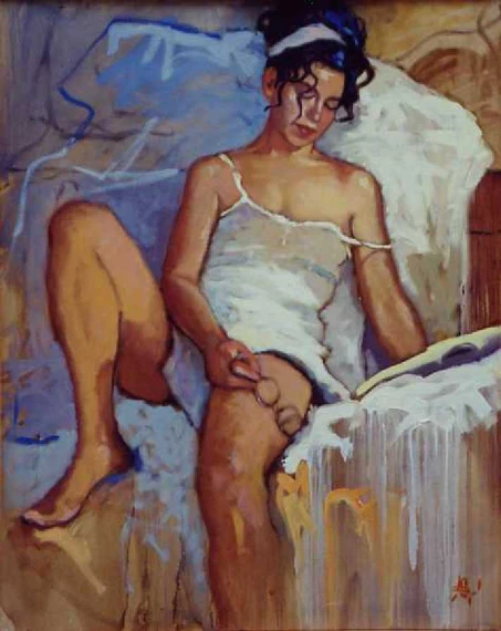 a painting with no shoes on, featuring a young woman in white
