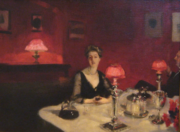 a painting of a woman and two other women seated at a dinner table