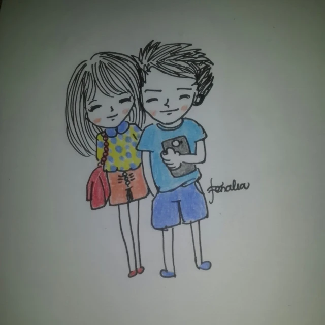 the drawing of a boy and girl are looking at a cell phone