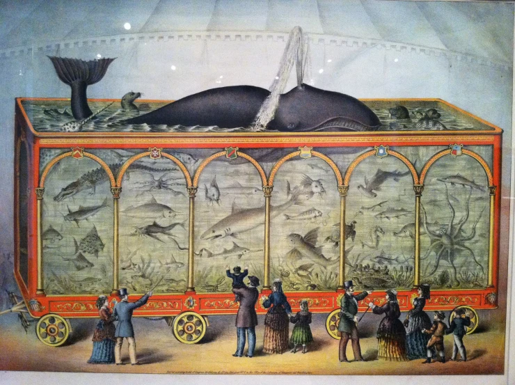 an old painting of men standing around a whale