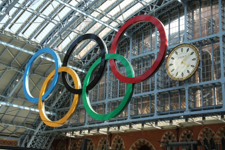 clock in the middle of an indoor building with many colorful rings above