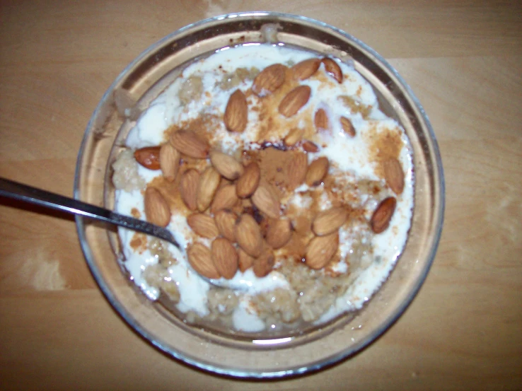 a breakfast of yogurt, oats and nuts with a spoon