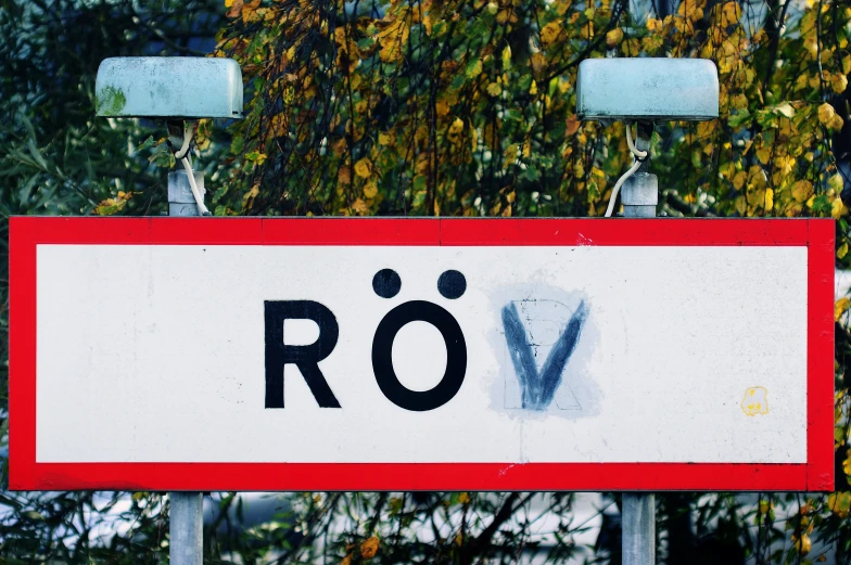 street sign in front of trees and foliage