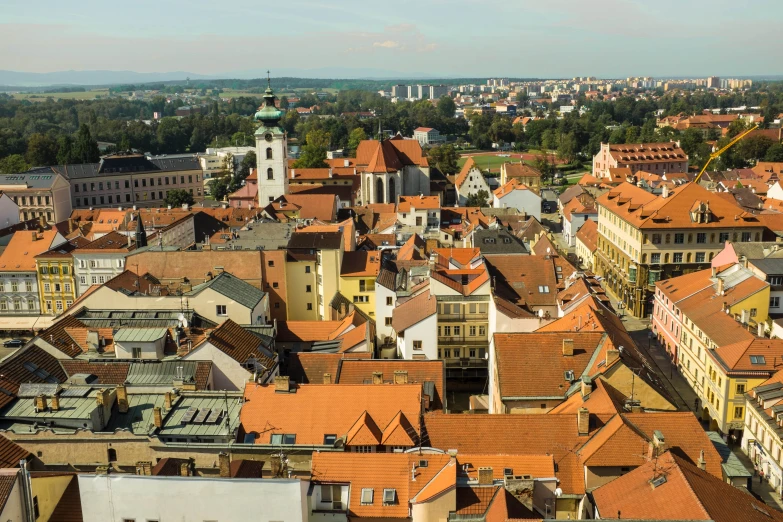 an aerial view shows rooftops, buildings, and trees