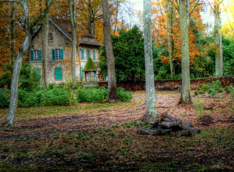 a house in the woods behind some trees