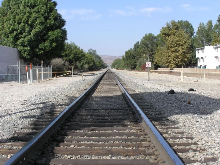 a railroad track near some houses and trees