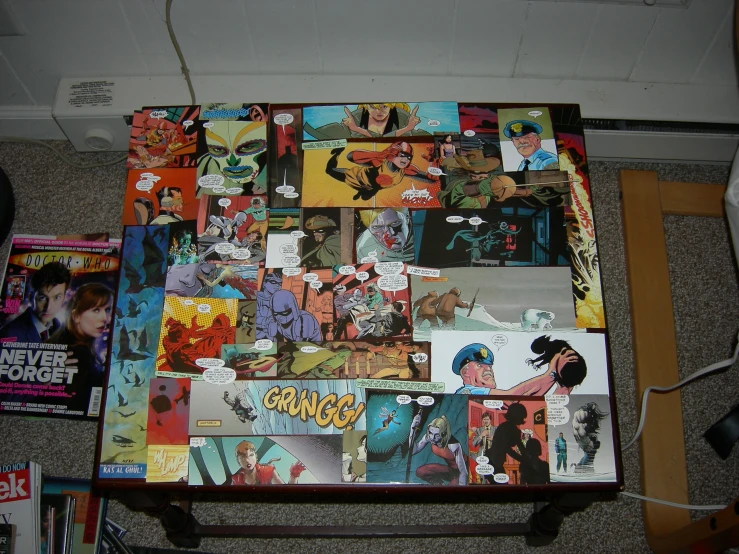 many comics are stacked on top of the coffee table