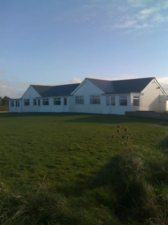 a field in front of a two houses with one building and three birds