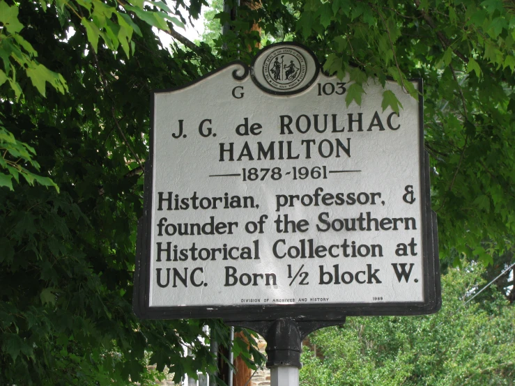 a sign sitting below a lush green tree filled forest