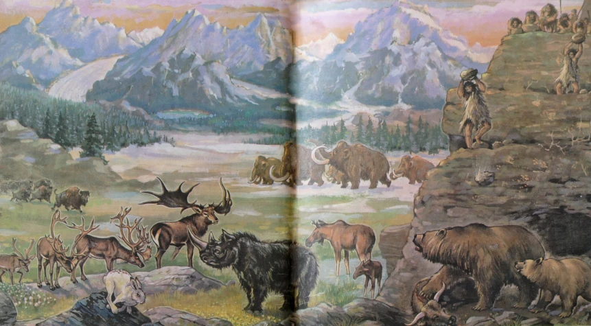 an illustration of animals standing on a mountain top