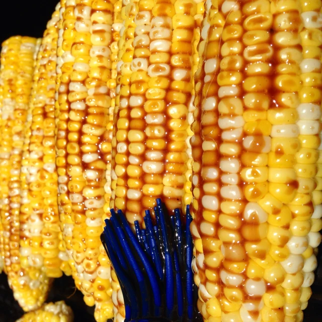 corn cooked on the grill with blue spatula and water