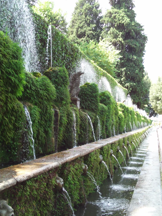 many water jets are coming down the side of a green wall