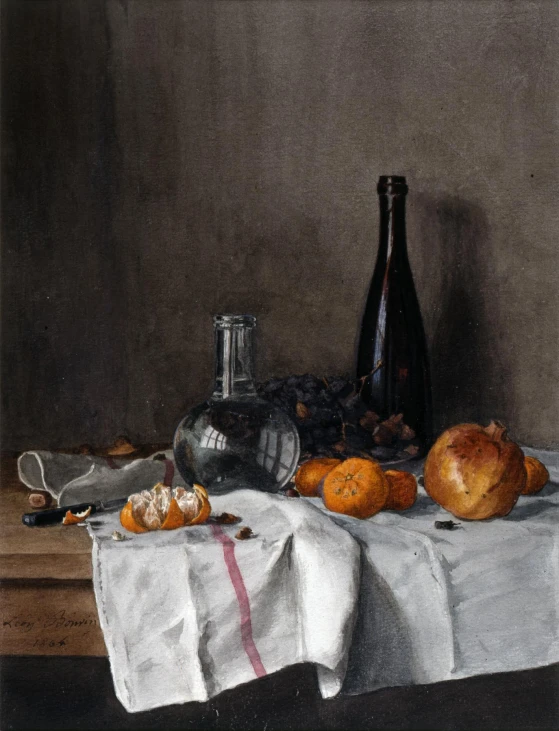 there is a still life with bread, wine and other food