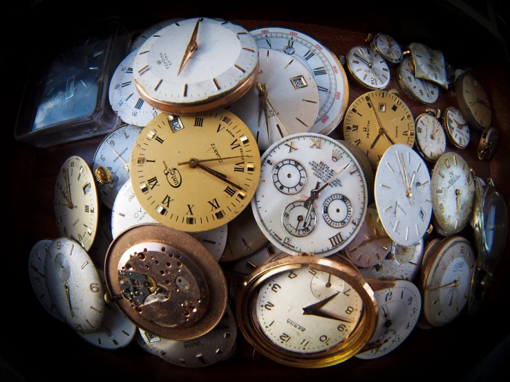 multiple clocks of various sizes and styles with different faces