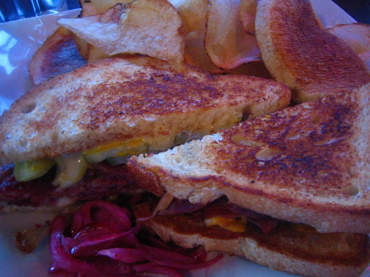 a grilled sandwich with a side of potato chips