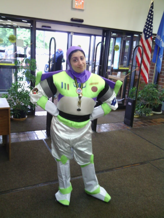 a woman in a buzz lightyear costume