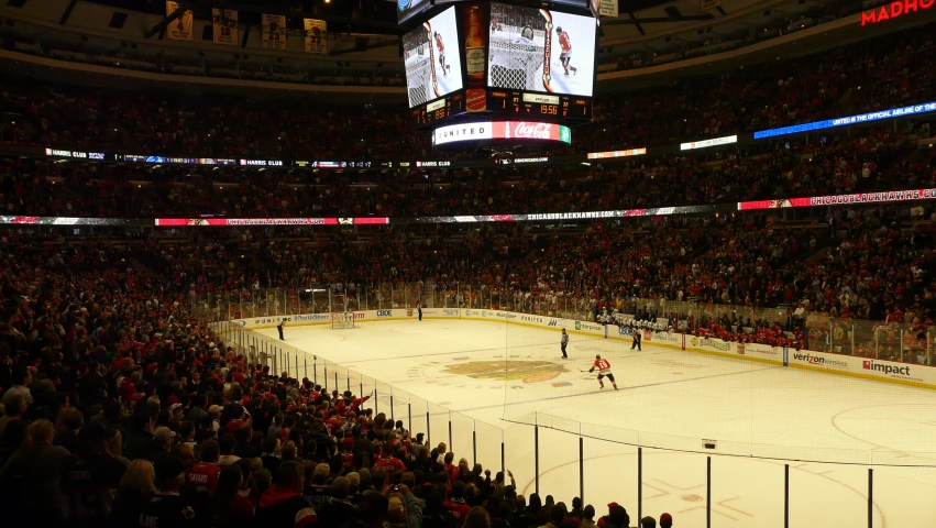 a hockey stadium with a crowd watching a play