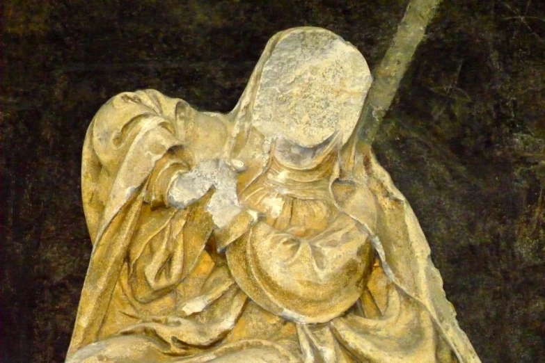an artistic painting of a statue in front of dark