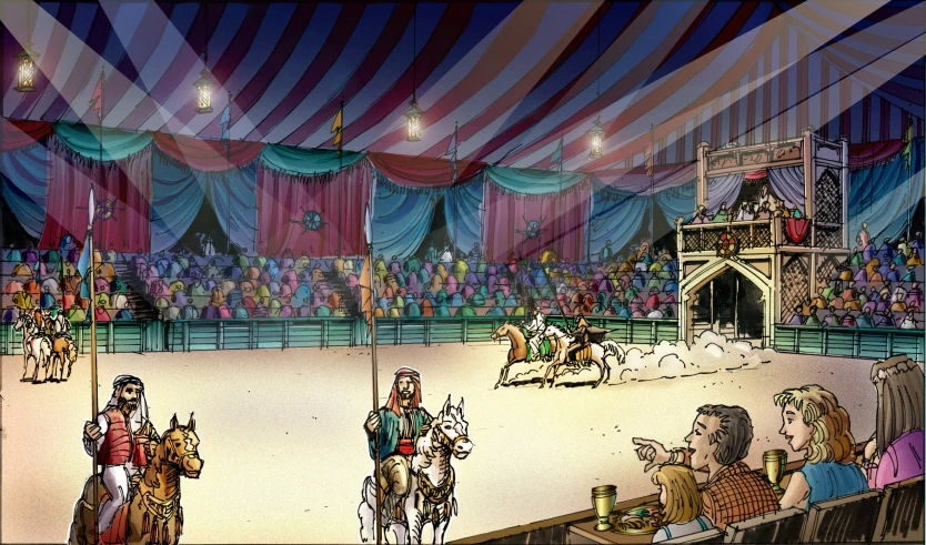 a large circus scene depicting two horses fighting for a rider