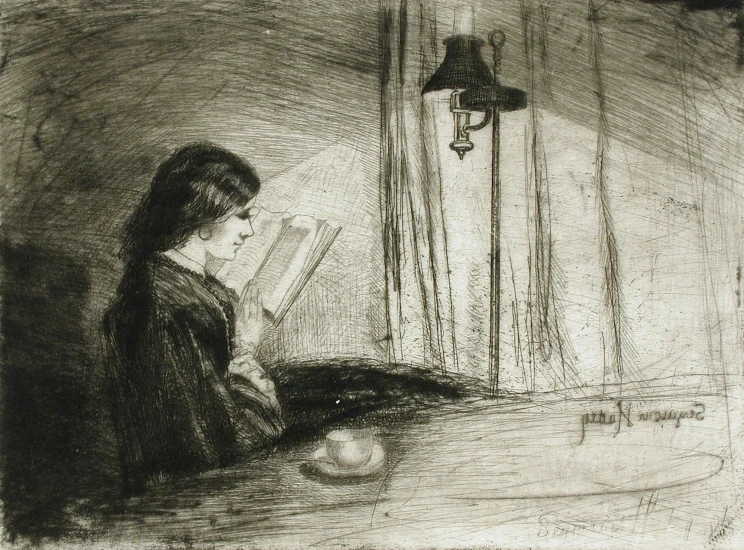 a drawing of a  sitting at a table reading a book