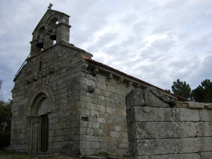 an old building with two bells on top