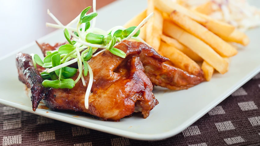 a plate with meat and fries on it