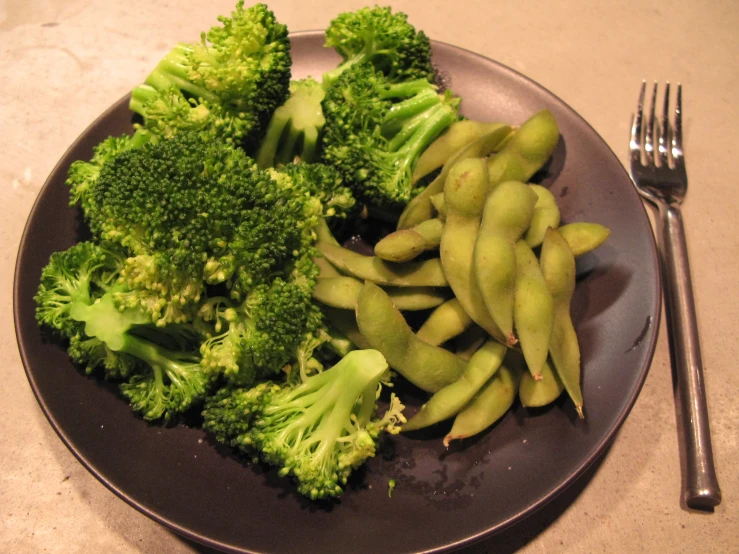 a dinner plate with broccoli and beans with a fork next to it