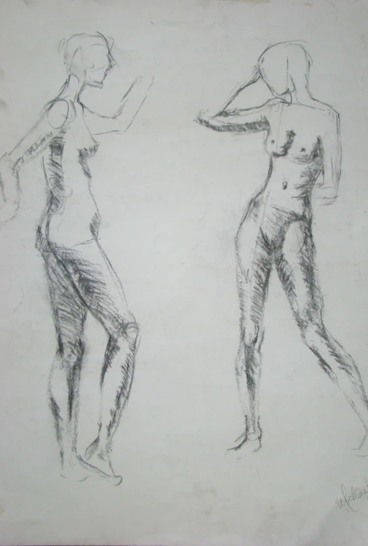 a pencil drawing shows a  woman standing next to a man