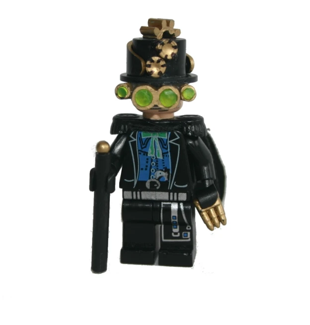 an action figure with a top hat and green eyes