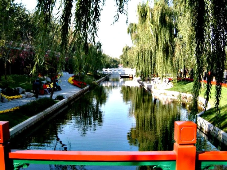 a view down a river near the shore of a park