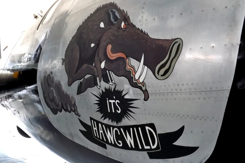 the nose of an airplane with stickers on it