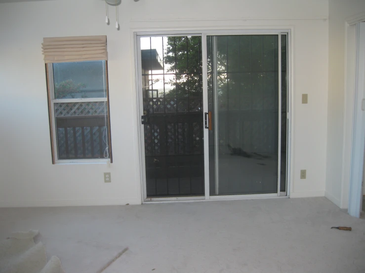 empty room with sliding glass doors and cat sitting on floor