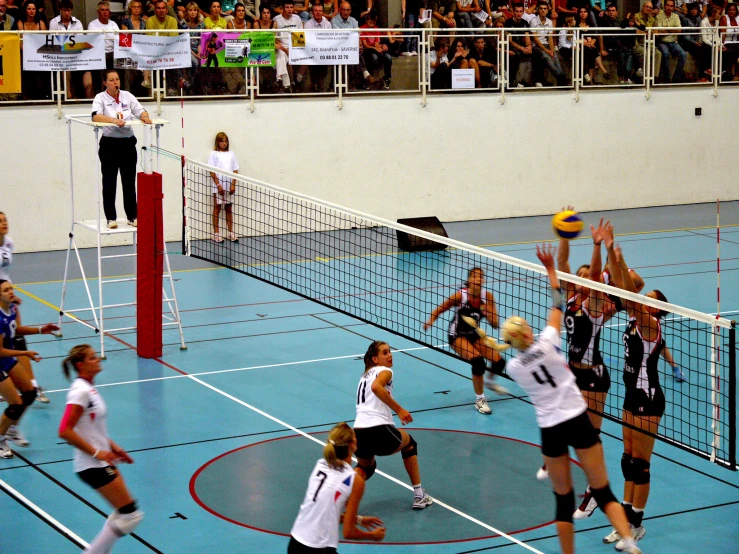 there are several women playing volley ball together