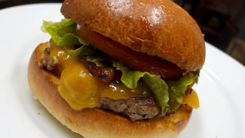 a white plate with a hamburger and bun