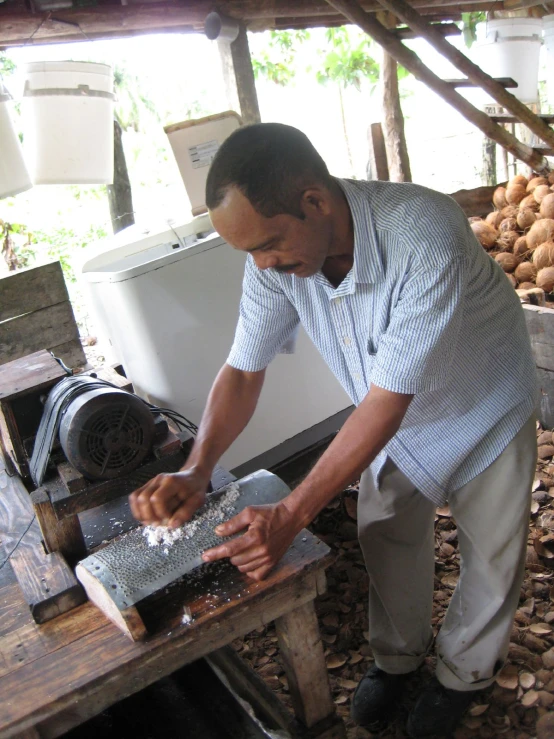 a man using a wood saw to cut wood