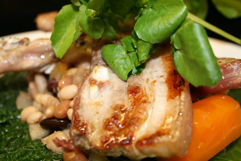 a close up view of meat and vegetables on a plate