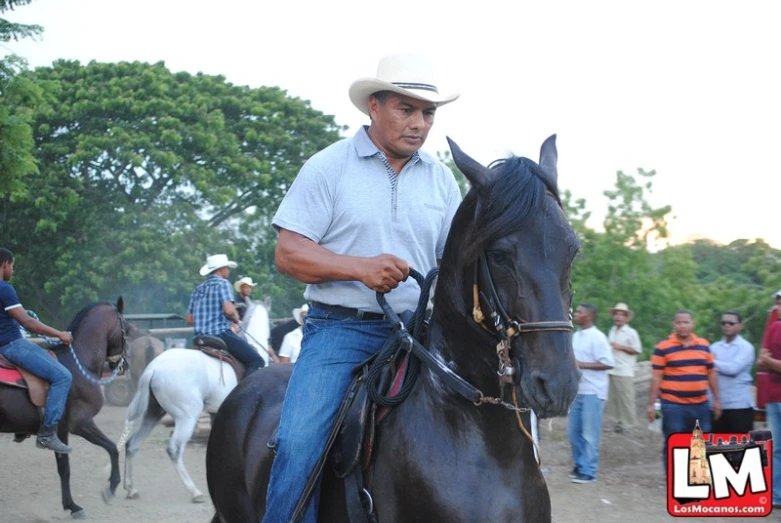 a man in grey shirt and hat sitting on a horse