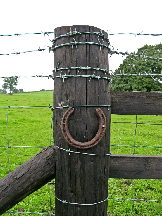 horse shoe attached to the post next to a fence