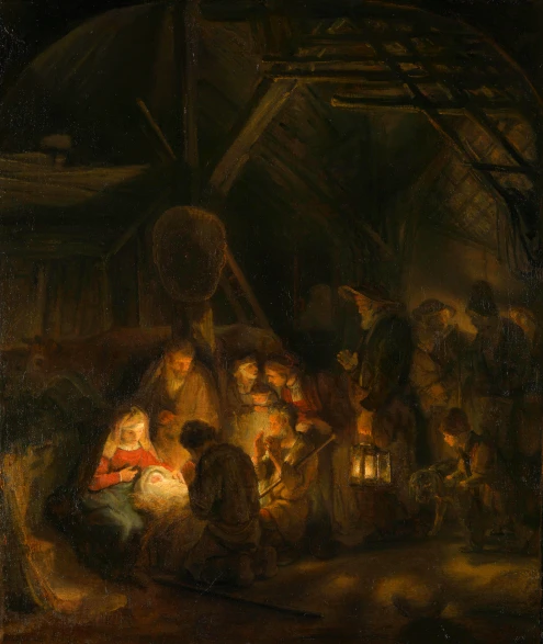 a painting with many people dressed up and a baby