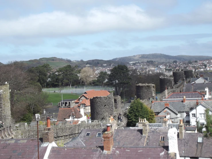 a city with a castle like structure and many chimneys