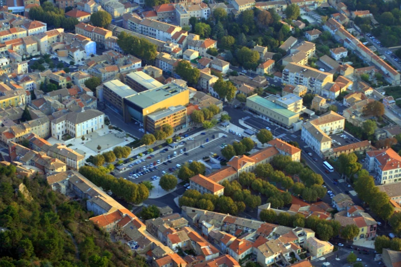 an aerial view of a town's downtown area